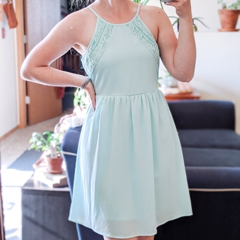 Xhilaration High Neck Mint Lace A-Line Mini Dress
